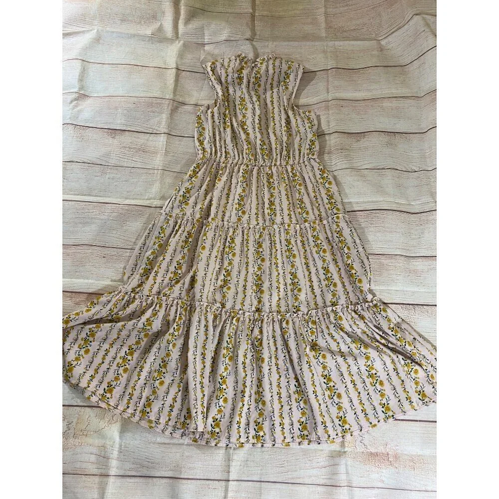 Melloday Women's Yellow Floral Teirred Midi Sleeveless Dress - Large - Picture 11 of 13